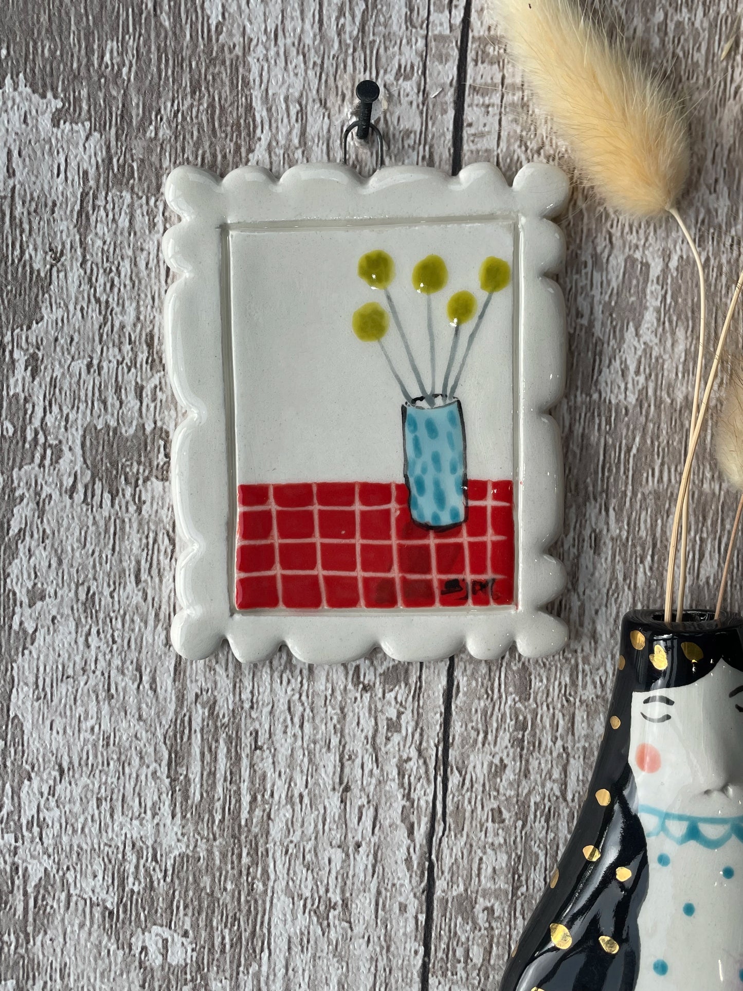 Mini Masterpiece – Hand-Painted Ceramic Yellow Pom Pom Flowers in Spotted Vase | Sister Sister