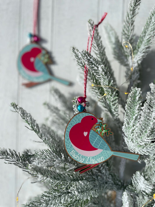 Nadolig Llawen Robin Christmas Wooden Decoration