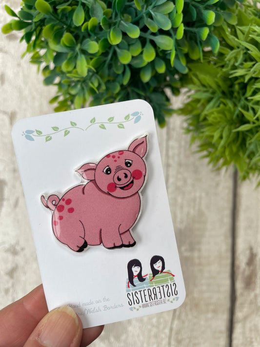 Discontinued Pink Pig Wooden Pin Badge, Cute Animal Brooch, Sister Sister