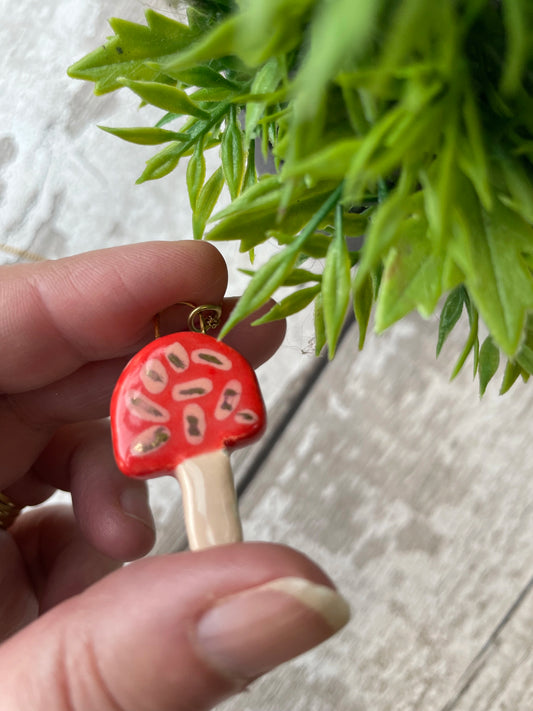 Seconds – Hand Painted Red Mushroom Charm Necklace, Gold Plated Chain