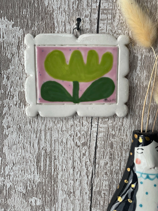 Seconds – Mini Masterpiece Hand Painted Ceramic Green Flower on Pink
