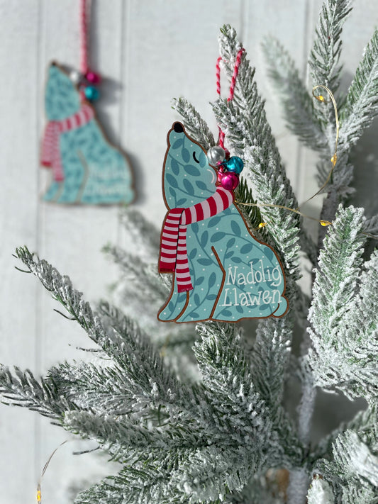 Nadolig Llawen Polar Bear Wooden Christmas Decoration