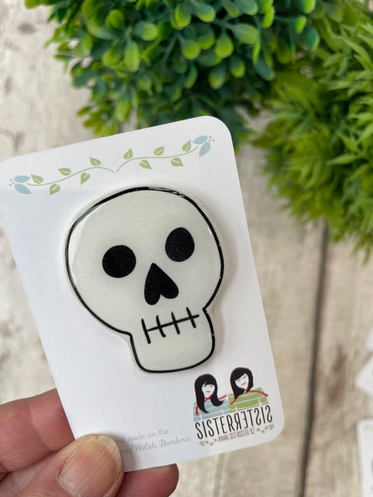 Skully Skull Pin Badge, Handmade Halloween Brooch & Quirky Accessory, Sister Sister