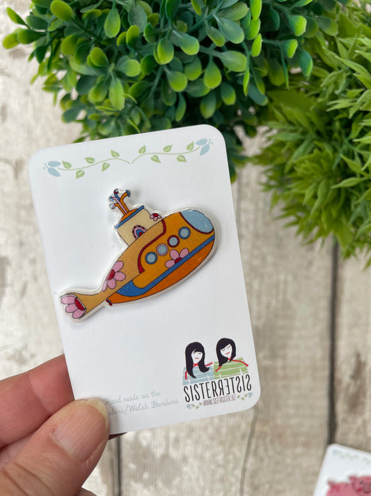 Discontinued Yellow Submarine Pin Badge, Handmade Nautical Brooch, Sister Sister