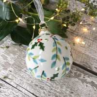 Hand Painted Ceramic Bauble Decoration - Robin sitting on a branch