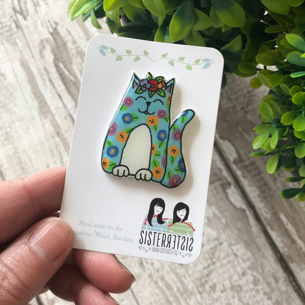 Cat - Blue Floral Cat Handmade Pin