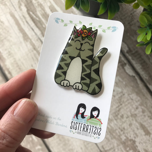Cat Handmade Pin - Silver Tabby