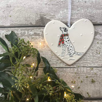 Hand Painted Ceramic Heart - Male Dalmatian with scarf sitting in the snow