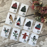 Green Bobble Hat with snowflakes Handmade Pin