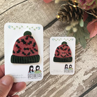 Pink Bobble Hat with holly Handmade Pin