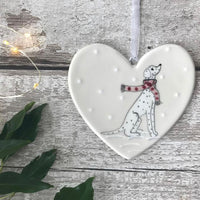 Hand Painted Ceramic Heart - Female Dalmatian with scarf sitting in the snow