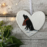 Hand Painted Ceramic Heart Christmas Decoration - Black Labrador with scarf sitting in the snow