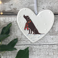 Hand Painted Ceramic Heart Christmas Decoration - Chocolate Labrador with scarf sitting in the snow