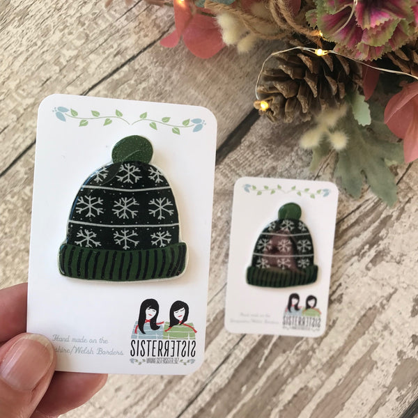 Green Bobble Hat with snowflakes Handmade Pin
