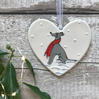 Hand Painted Ceramic Heart - Whippet/ Greyhound / Grey Dog with scarf sitting in the snow
