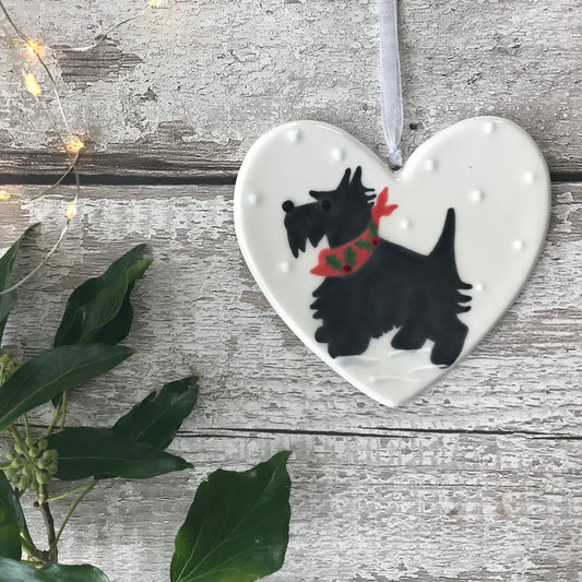 Hand Painted Ceramic Heart - Scotty Dog with scarf sitting in the snow