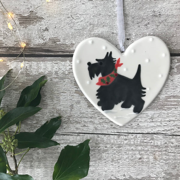 Hand Painted Ceramic Heart - Scotty Dog with scarf sitting in the snow