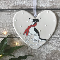 Hand Painted Ceramic Heart - Whippet/ Greyhound / White & Black Dog with scarf sitting in the snow