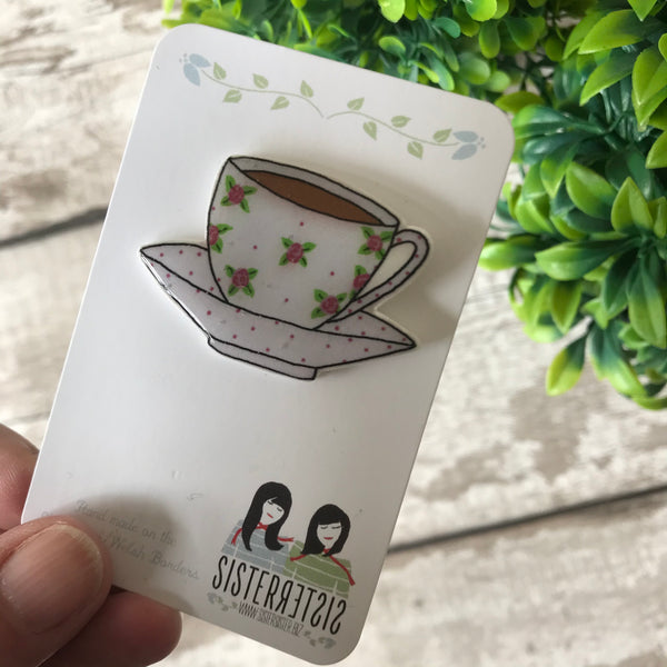 Vintage Rose Bud Tea Cup & Saucer Handmade Pin
