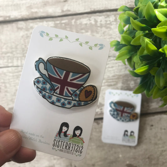 Union Flag Teacup and Saucer Handmade Pin