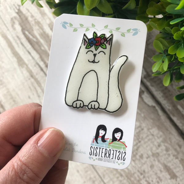Cat Handmade Pin - White Cat Pin