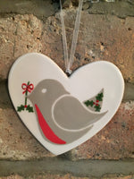 Little Robin Red Breast with holly - hand painted ceramic heart, christmas decoration, ornament, gift, friend, heart, christmas gift for her