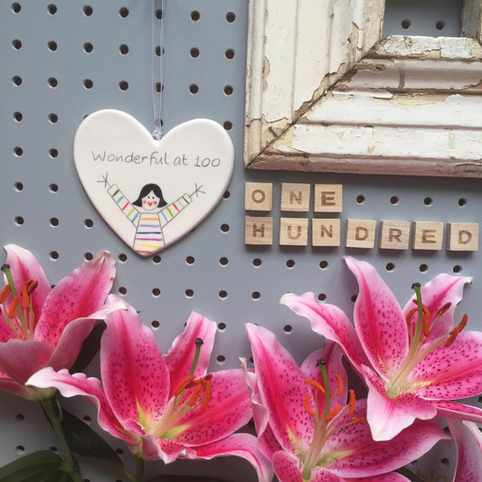 Wonderful at 100 - Hand Painted Ceramic Heart - 100th Birthday Gift for friend, mum, sister, friend, grandmother, Nan, Neighbour, Aunty, her