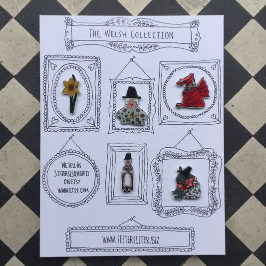 The Welsh Collection of Daffodil Pin, Dragon Pin, Welsh Lady Pin, Welsh Lady Head & Shoulders Pin, Sheep Pin, Hand made Pins