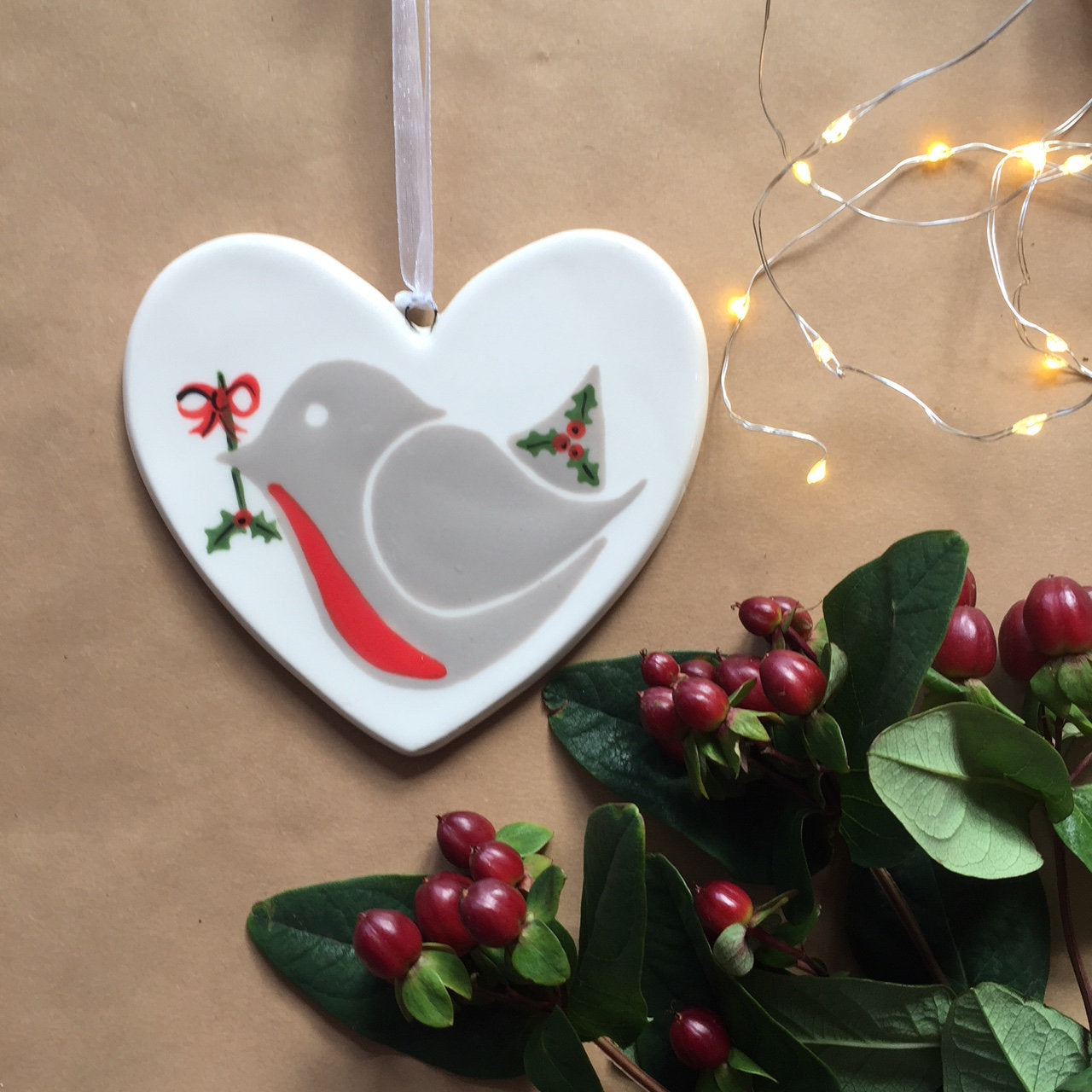 Little Robin Red Breast with holly - hand painted ceramic heart, christmas decoration, ornament, gift, friend, heart, christmas gift for her