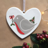 Little Robin Red Breast with holly - hand painted ceramic heart, christmas decoration, ornament, gift, friend, heart, christmas gift for her
