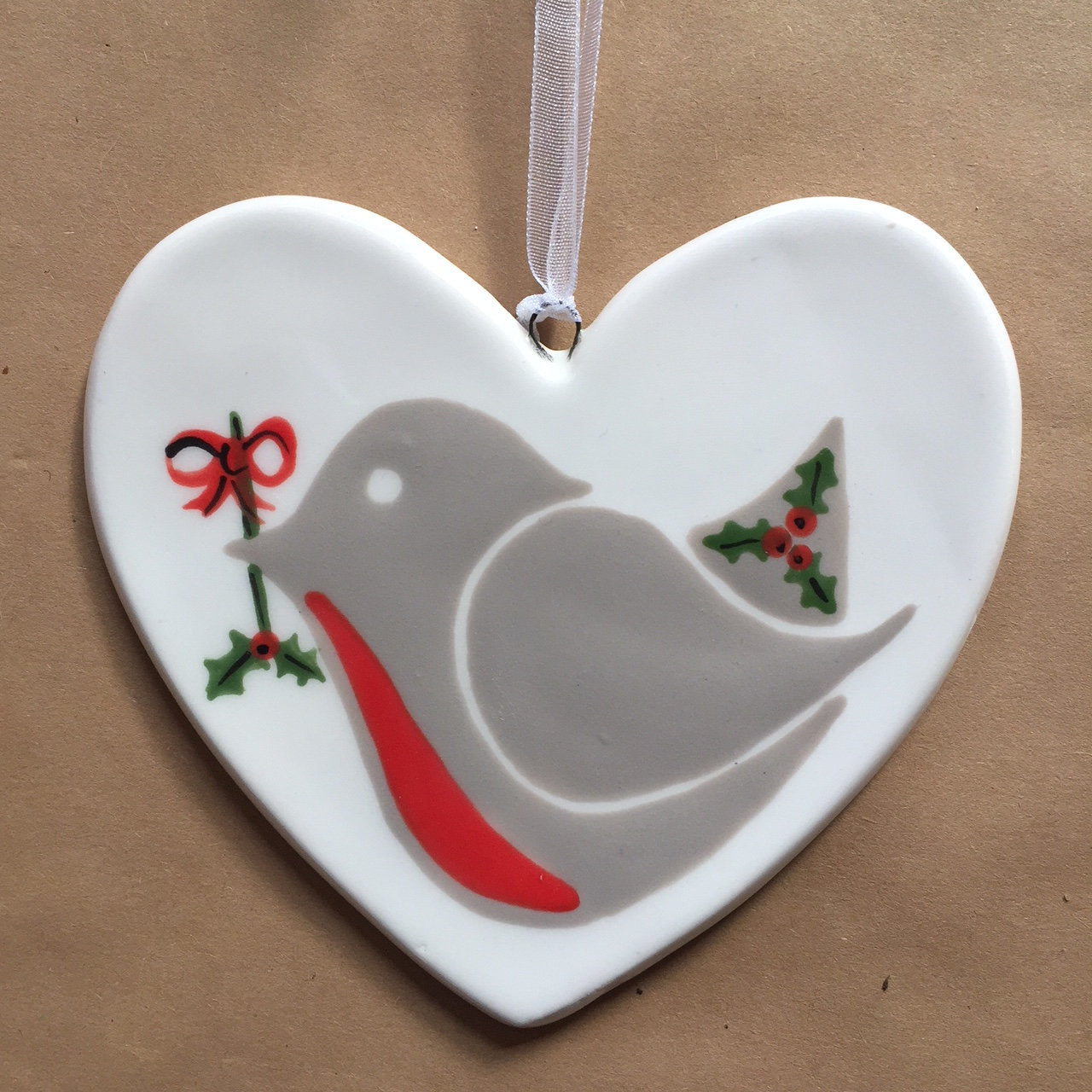 Little Robin Red Breast with holly - hand painted ceramic heart, christmas decoration, ornament, gift, friend, heart, christmas gift for her