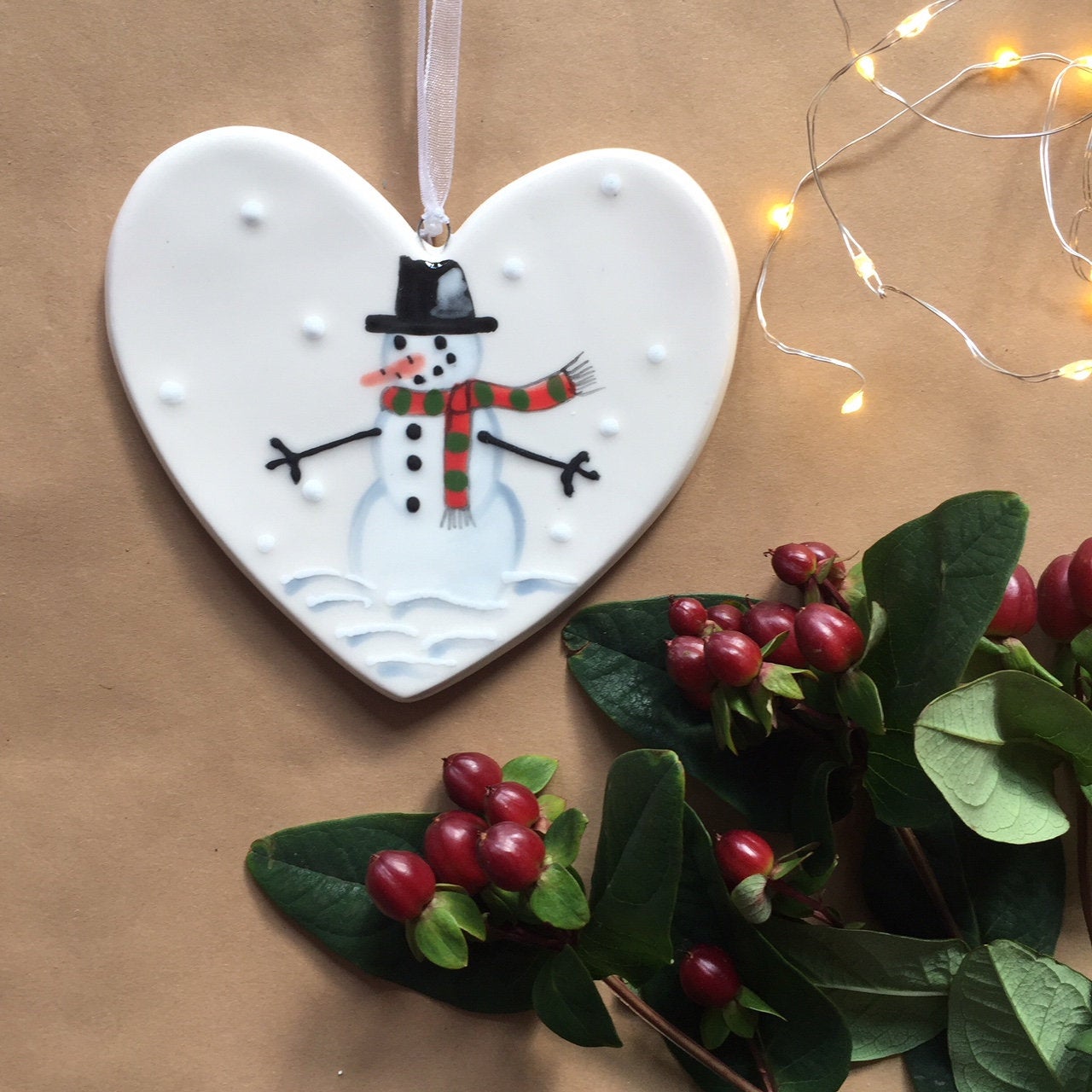 Frosty the Snowman - hand painted ceramic heart - christmas gift, decoration, ornament, friend, heart, christmas gift for her