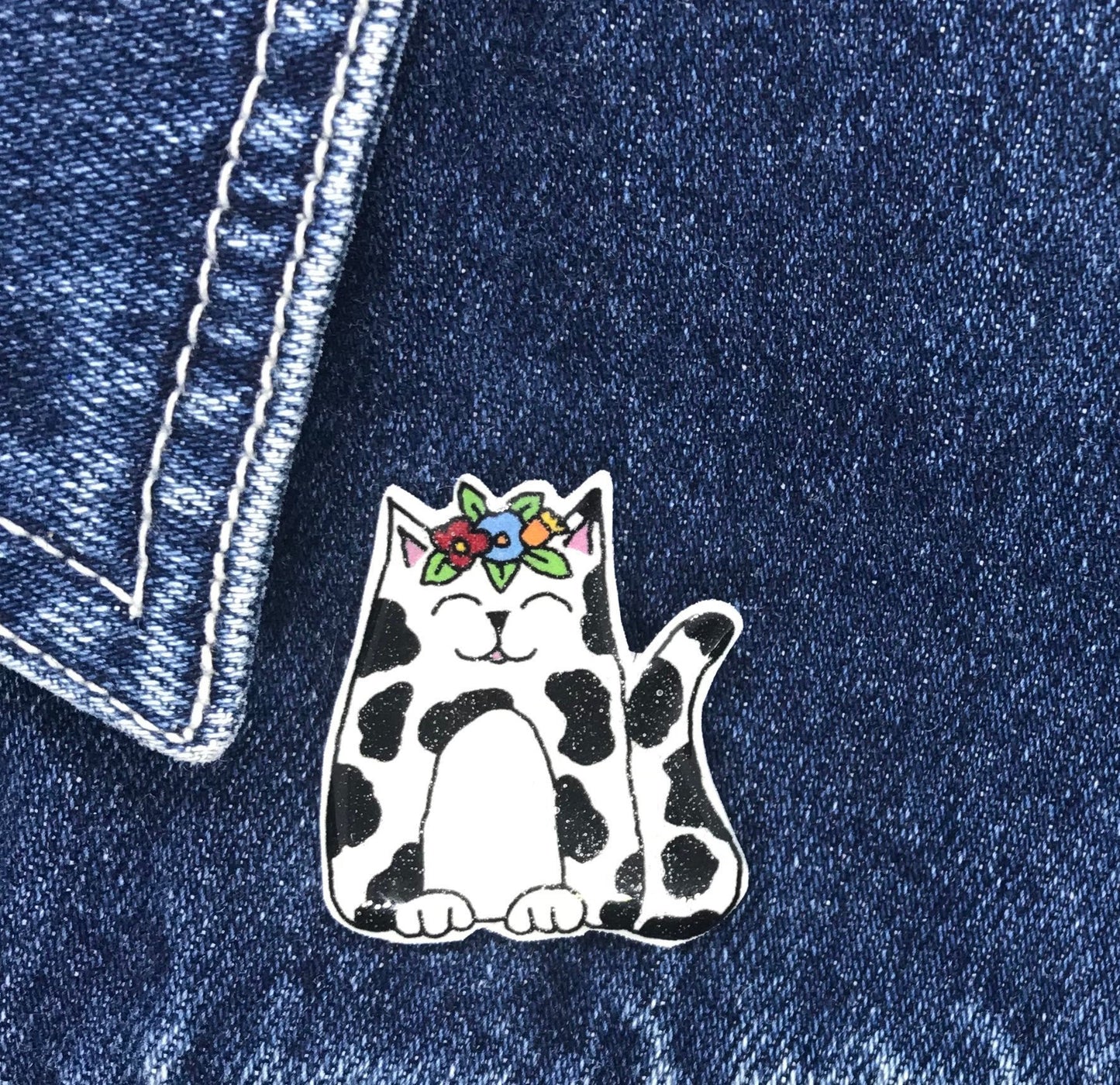 White & Black Cat Handmade Pin