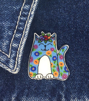 Cat - Blue Floral Cat Handmade Pin