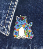 Cat - Blue Floral Cat Handmade Pin