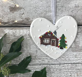 Hand painted ceramic heart Christmas Decoration - Christmas Cabin on Christmas Eve