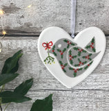 Hand painted Heart - Holly bird with Mistletoe - heart, christmas, friend, christmas decoration, christmas ornament, gift