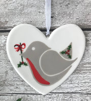 Little Robin Red Breast with holly - hand painted ceramic heart, christmas decoration, ornament, gift, friend, heart, christmas gift for her
