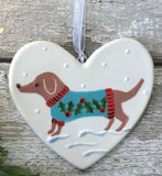 Sausage Dog in Turquoise holly Christmas jumper - Dacshund, weener, wiener - hand painted ceramic heart