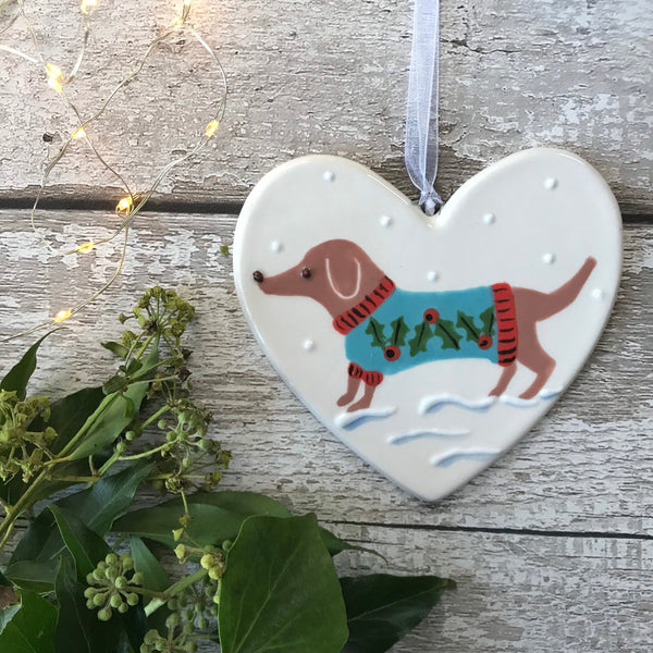 Sausage Dog in Turquoise holly Christmas jumper - Dacshund, weener, wiener - hand painted ceramic heart