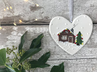 Hand painted ceramic heart Christmas Decoration - Christmas Cabin on Christmas Eve