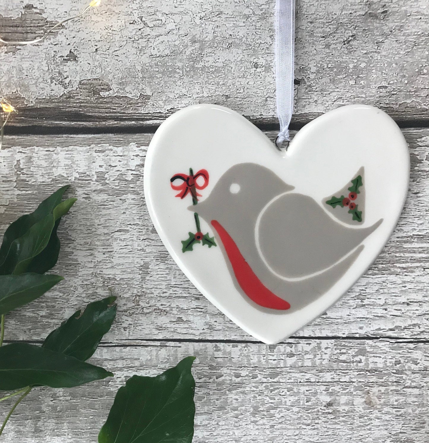 Little Robin Red Breast with holly - hand painted ceramic heart, christmas decoration, ornament, gift, friend, heart, christmas gift for her