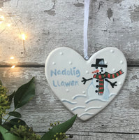 Hand painted Ceramic Heart - Nadolig Llawen Snowman, welsh for happy christmas, christmas gift, christmas decoration, heart, orname