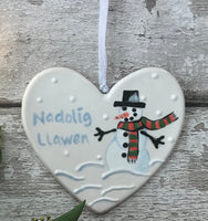 Hand painted Ceramic Heart - Nadolig Llawen Snowman, welsh for happy christmas, christmas gift, christmas decoration, heart, orname
