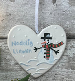 Hand painted Ceramic Heart - Nadolig Llawen Snowman, welsh for happy christmas, christmas gift, christmas decoration, heart, orname