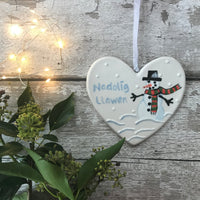 Hand painted Ceramic Heart - Nadolig Llawen Snowman, welsh for happy christmas, christmas gift, christmas decoration, heart, orname