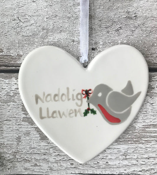 Hand painted Ceramic Heart - Nadolig Llawen Robin with holly, welsh for happy christmas, christmas gift, christmas decoration, heart, orname