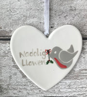 Hand painted Ceramic Heart - Nadolig Llawen Robin with holly, welsh for happy christmas, christmas gift, christmas decoration, heart, orname